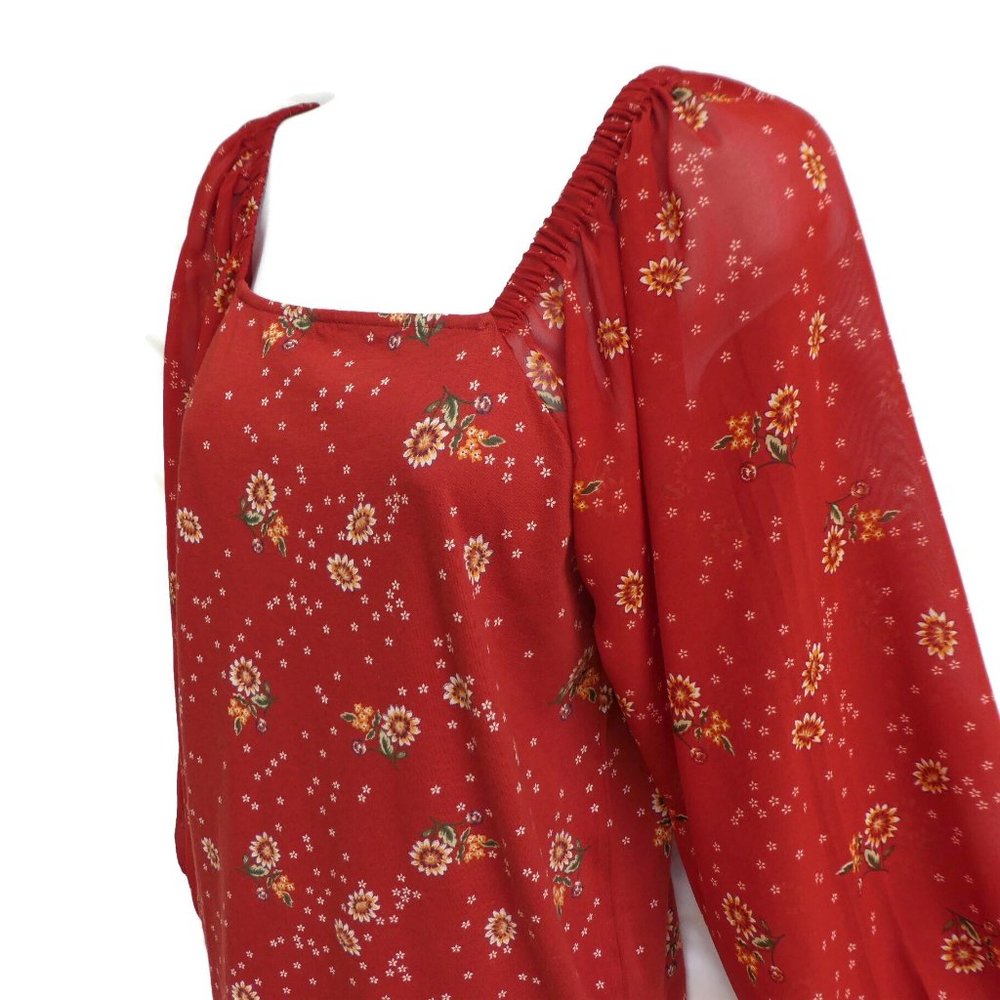Ann Taylor LOFT Top Square Neck Long Chiffon Sheer Sleeves Rust Country Floral S